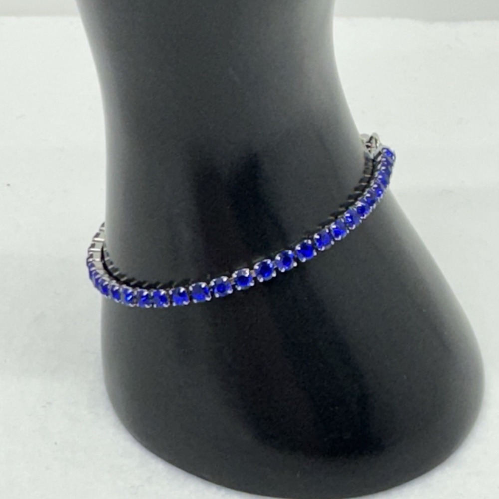 Blue Crystal Tennis Bracelet Silver Tone Adjustable Lobster Clasp Prong Set